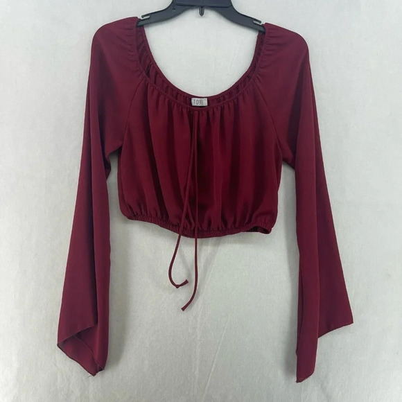 Tobi Blouse Womens Sz S Maroon Cropped Scoop Neck Bell Sleeve Tie Front Pullover - Picture 1 of 11